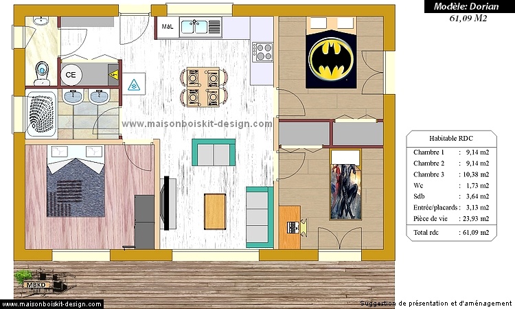 plan kit maison bois 3 chambres 60 M2