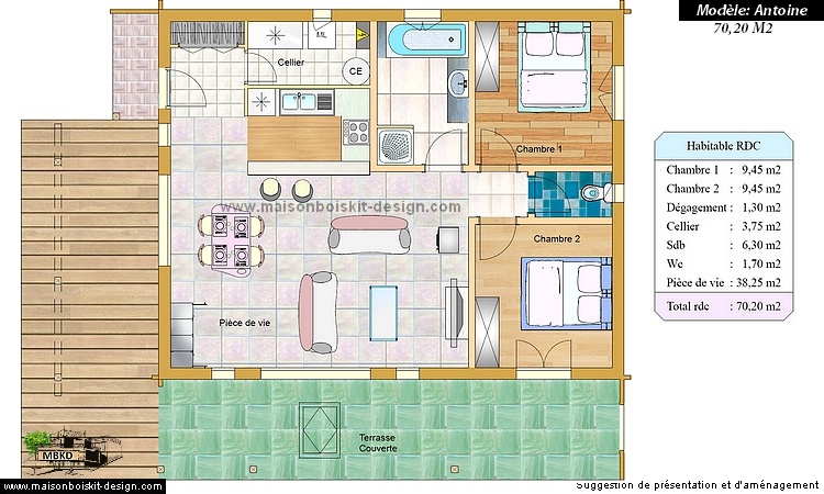 plan petite maison bois moderne 2 chambres 70 M2